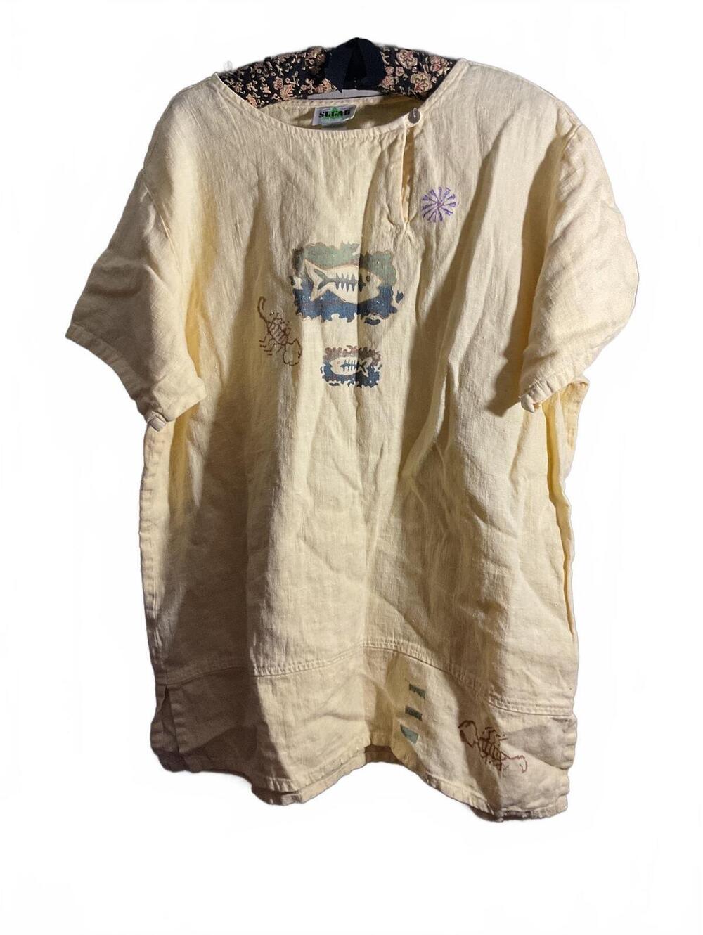 Vintage Sugar 100% Linen Yellow Embroidered Tunic Top Large